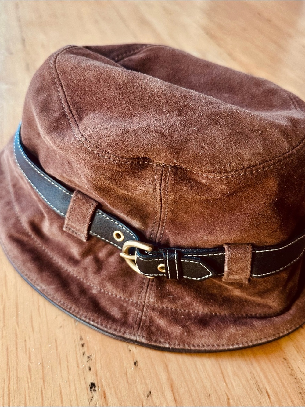 Genuine COACH Chocolate Brown Suede Bucket Hat with Leather Band.